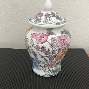 Vintage Floral Porcelain Ginger Jar with Lid - Pink, Blue, Orange Accents 7 inch